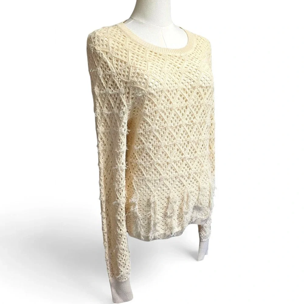 J. Crew Pointelle Crewneck Sweater with Fringe Warm‎ Sesame M NWT